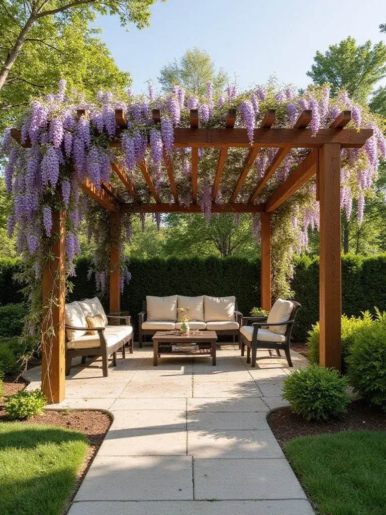 Dřevěná pergola s fialovými květy v zahradním posezení.
