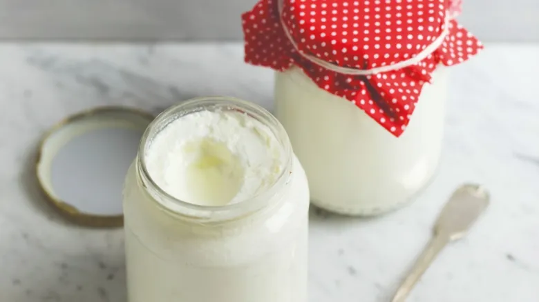 Domácí jogurt v sklenicích na mramorovém povrchu