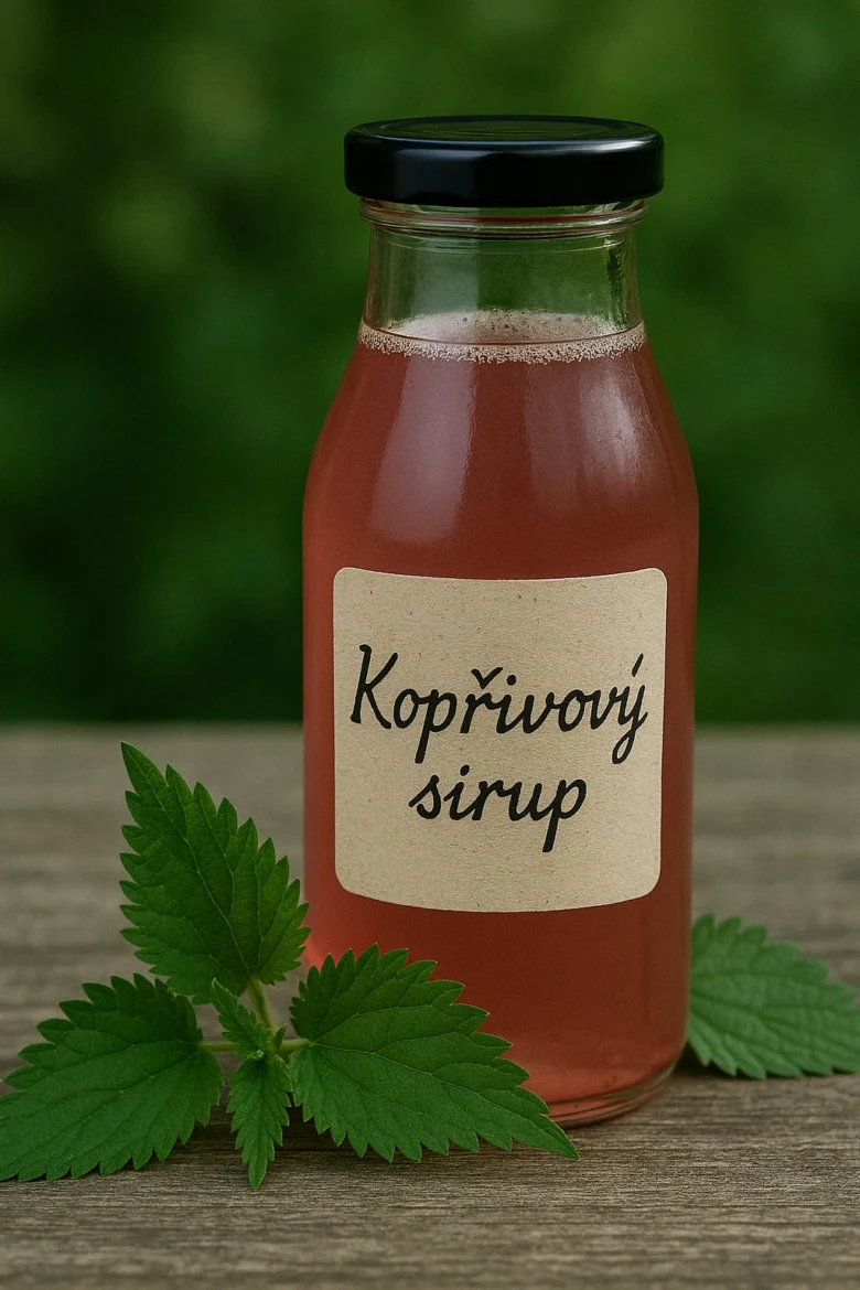 Skleněná lahvička s kopřivovým sirupem a čerstvými listy kopřivy