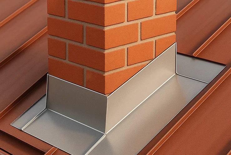 Detailní pohled na oplechování komína s kovovým podkladem.