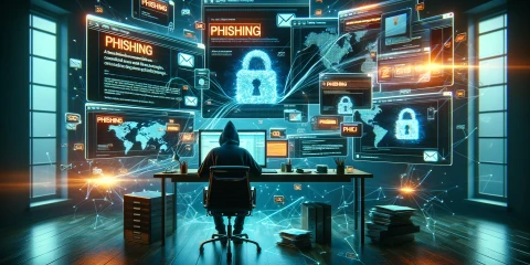Hooded hacker před obrazovkami s nápisem phishing a zámky