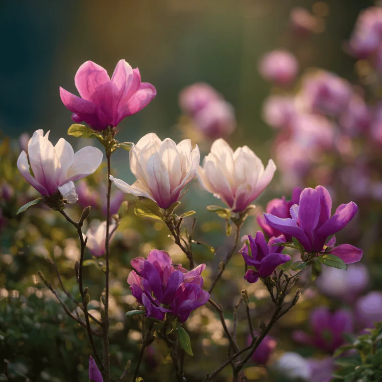 Rozkvetlé růžové a bílé květy magnolie na rozostřeném pozadí.