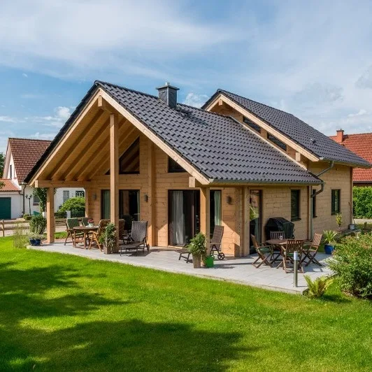 Modern dřevěný dům s terasou a zahradním nábytkem.
