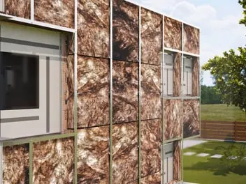 Větraná fasáda s kamennými panely a viditelnou ventilací.