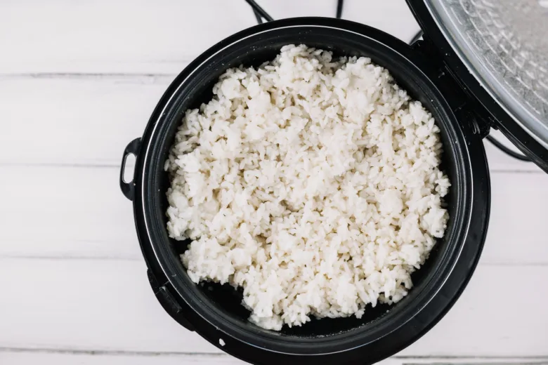 Cooked white rice in pot