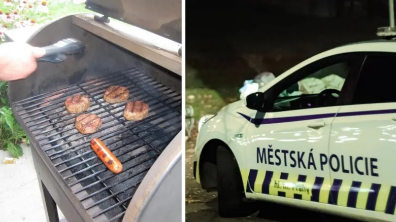 Grilování na balkoně: burgery a klobásy se smaží.