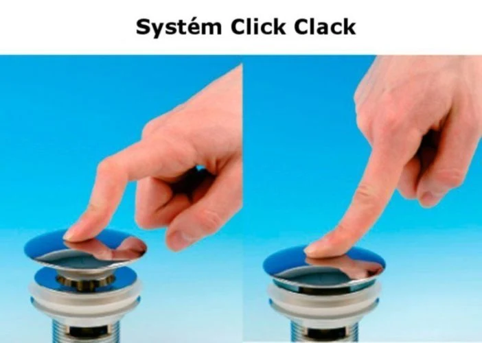 Ruka stiská modrý kryt umyvadlové výpusťky systému Click Clack