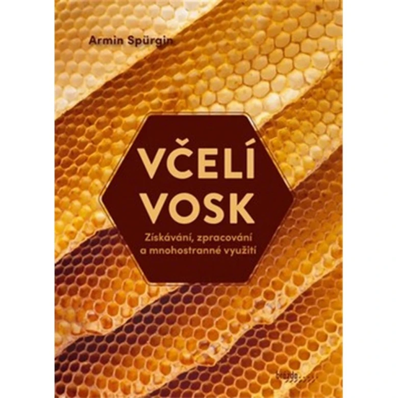 Kniha o včelím vosku s fotografií medových plástů na obálce.