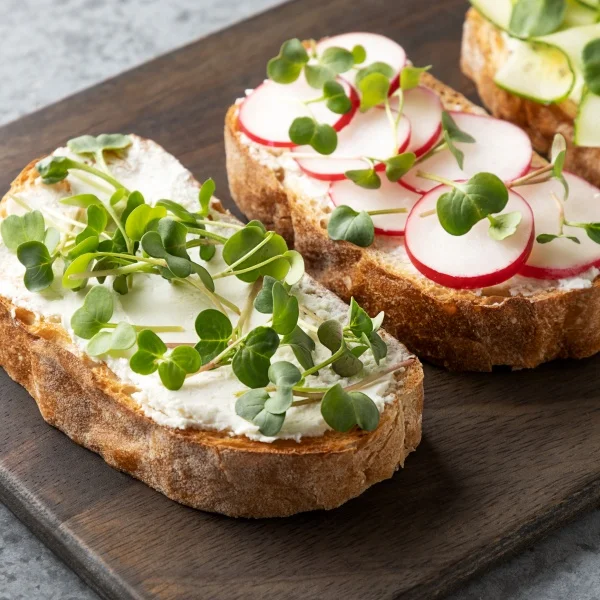 Čerstvé mikrozelenina na toasts s radicemi.