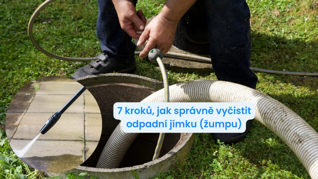 Muž vysává odpadní jímku hadicí na trávníku.