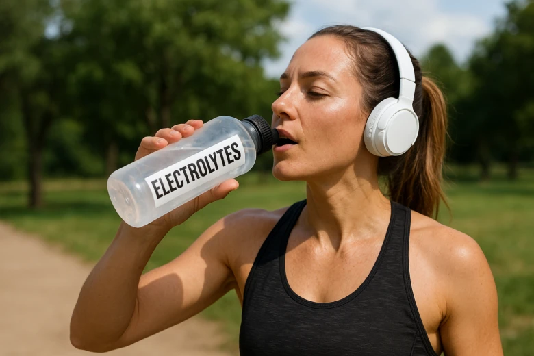 Žena pije elektrolyty z lahvičky v přírodě.