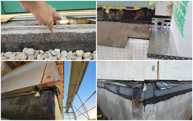 Detailní pohled na izolaci a hydroizolaci dřevostavby na patkách.