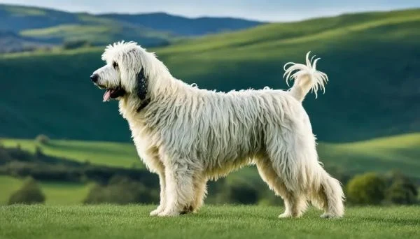 Komondor pes stojí na trávníku s kopci v pozadí.