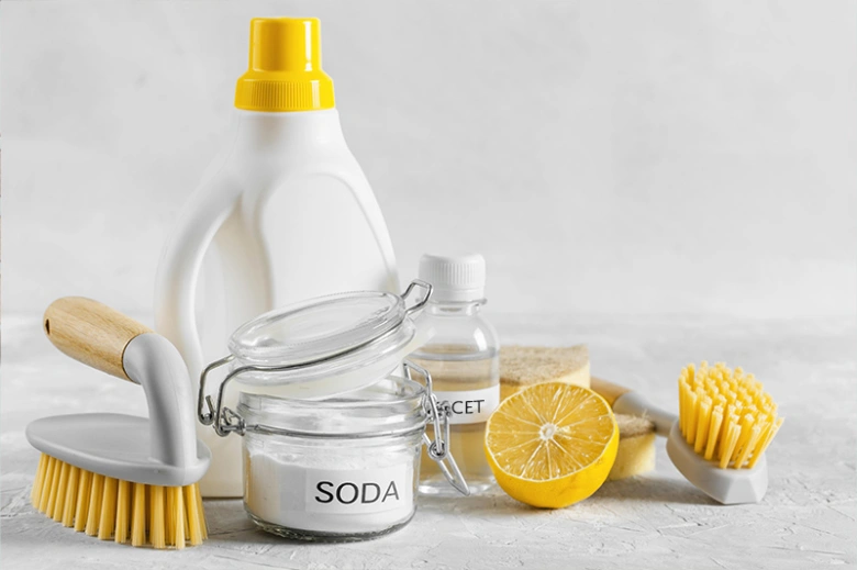 Jedlá soda, ocet, citron a čistící nástroje pro domácnost