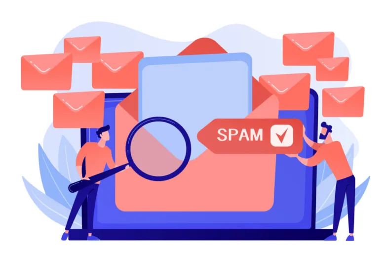 Ilustrace lidí, kteří kontrolují e-maily a označují spam