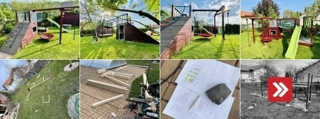 Dětské hřiště postavené svépomocí z dřeva
