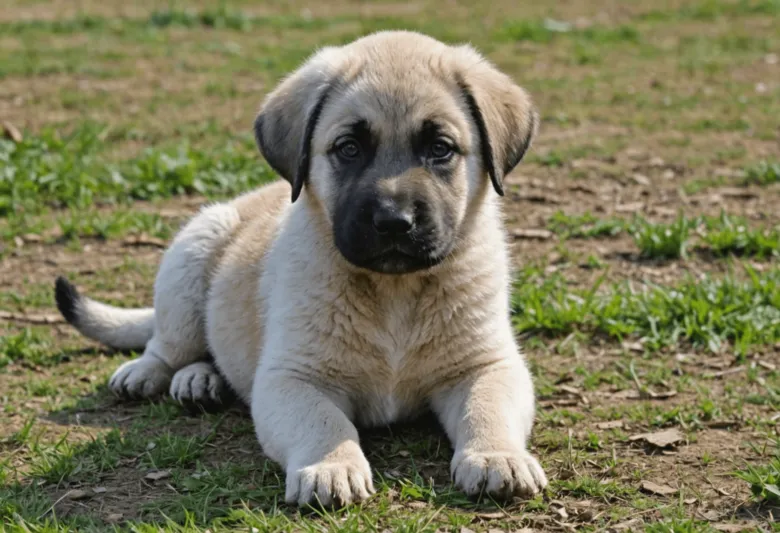 Malý štěně plemene Kangal leží na trávě.