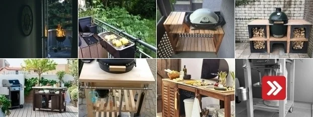 Různé typy grilování na balkóně s dřevěnými stoly.