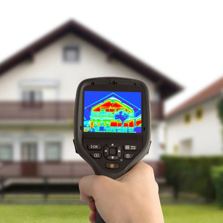 Ruční tepelná kamera měří ztráty tepla na domě pomocí termografie.