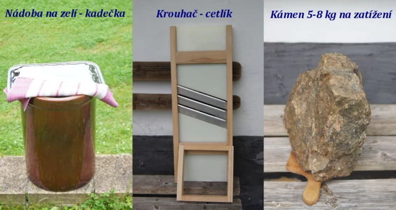 Nádoba na zelí, krouhač a kámen pro přípravu sauerkrautu