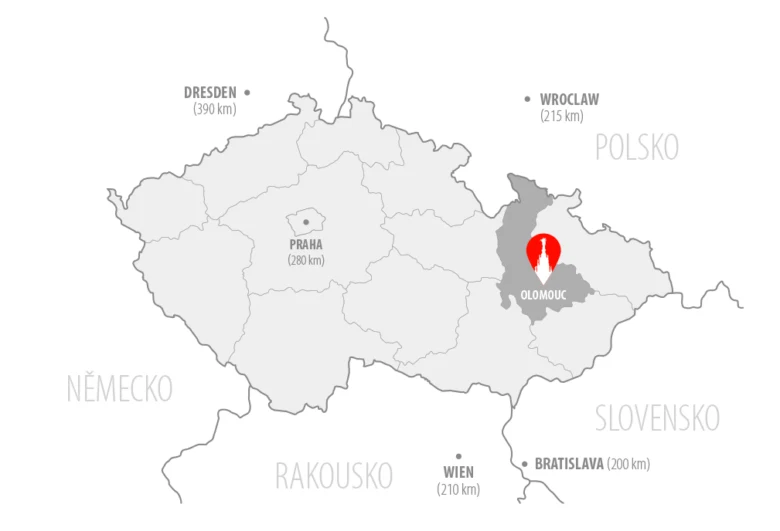 Mapa České republiky s vyznačením města Olomouce.