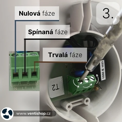 Zapojení ventilátoru s označením fází v češtině