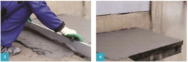Pracovník hladí čerstvý beton na nově vybudovaném balkonu.