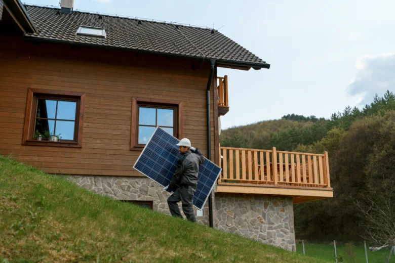 Montáž solárních panelů na dům v přírodě