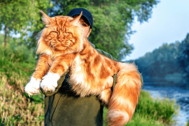 Velká oranžová kočka Maine Coon držená v rukou venku.