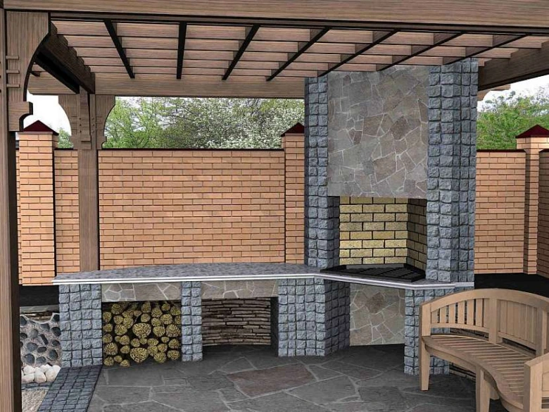 Zděná pergola s krbem a dřevěnou lavičkou na zahradě