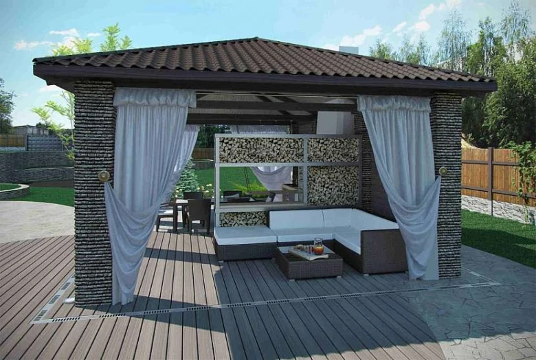 Zděná pergola s střechou z tašek a venkovním nábytkem