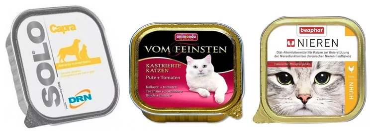 Tři druhy konzervovaného kočičího krmiva pro různé potřeby