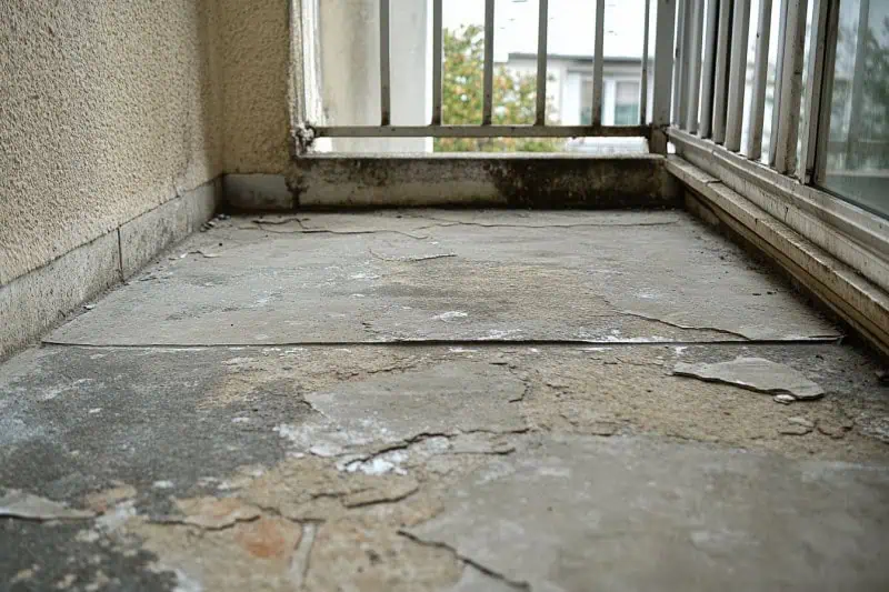 Poškozená dlažba na balkonu s odlupující se vrstvou.