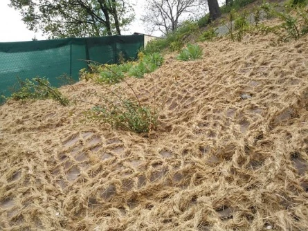 Svah s ochrannou mříží pro zpevnění půdy a výsadbu rostlin.