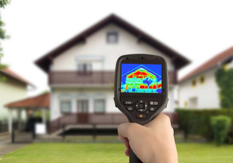 Termokamera ukazuje tepelné ztráty při vnitřním zateplení domu.